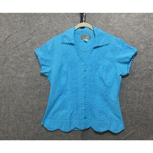 Inca Cottons Embroidered Top Womens XL Blue Floral Scallop Hem Romantic‎